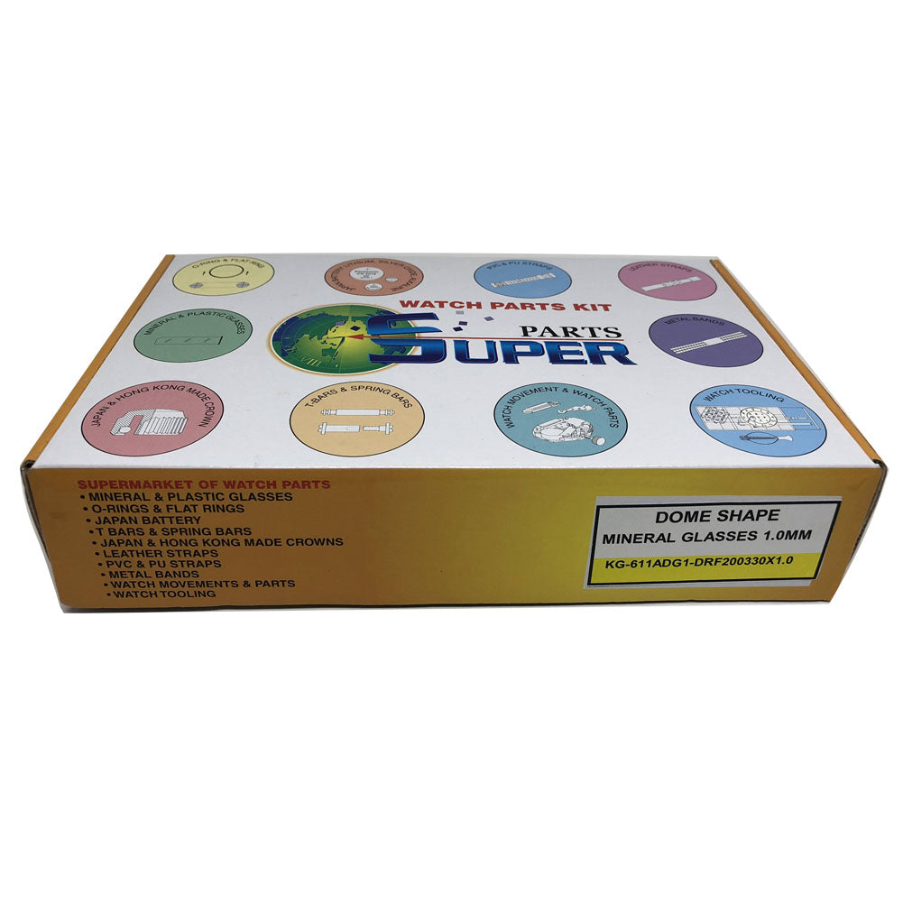 Dome-shaped extra white mineral watch glass, 1.0mm thick, various sizes, 100 pcs box.