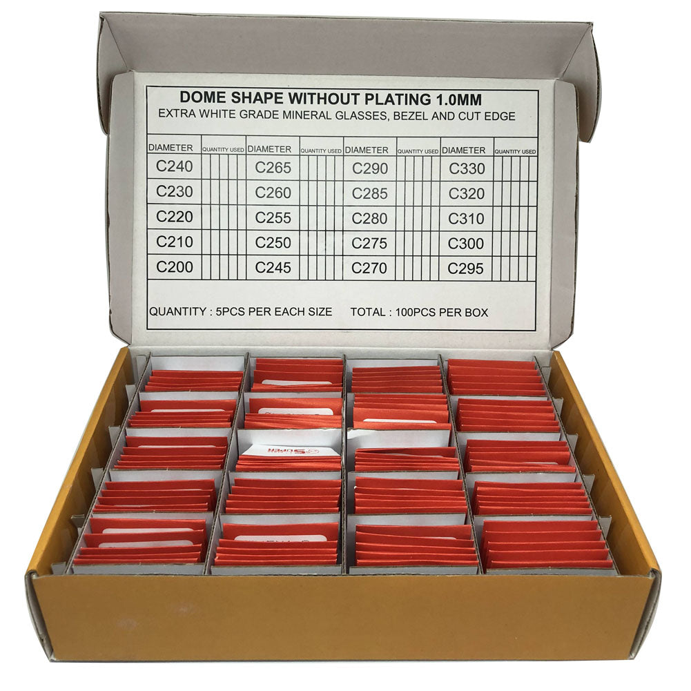 Dome-shaped extra white mineral watch glass, 1.0mm thickness, 5 sizes, 100 pieces per box from.