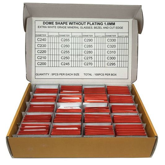 Dome-shaped extra white mineral watch glass, 1.0mm thickness, 5 sizes, 100 pieces per box from.