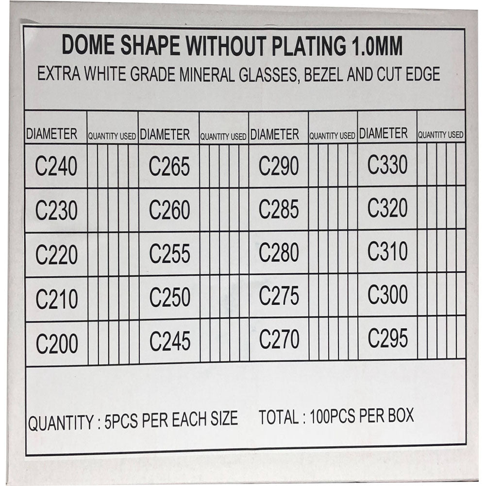 Dome-shaped extra white mineral watch glass 1.0mm thick, various sizes, 100 pieces per box.
