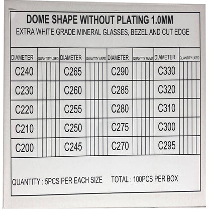Dome-shaped extra white mineral watch glass 1.0mm thick, various sizes, 100 pieces per box.