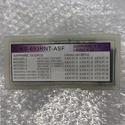 Set of 69 watch parts including sapphire crystals and I-Rings in various sizes for precise repairs.