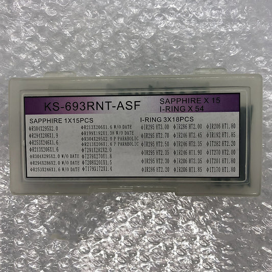 Set of 69 watch parts including sapphire crystals and I-Rings in various sizes for precise repairs.