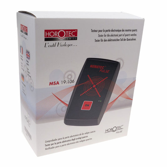 Horotec MSA19.106 pulse quartz movement tester displaying precise timing for watch repairs and diagnostics.