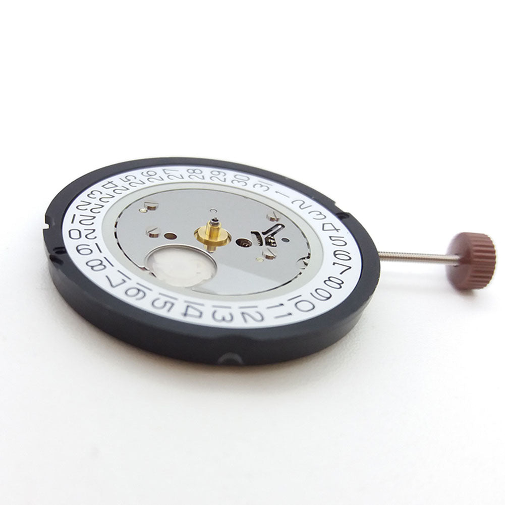 Ronda 515 quartz watch movement showing date displays at 3 and 6 o?clock positions for precise timekeeping.