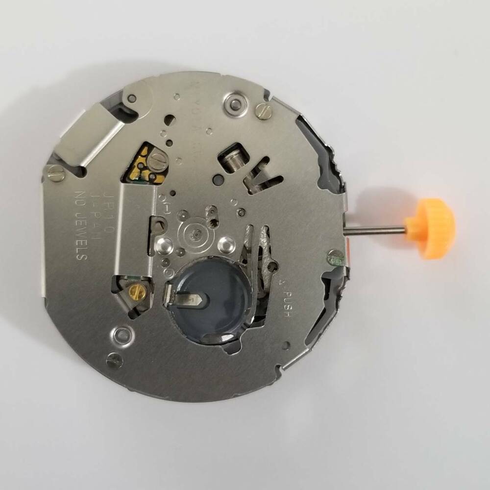 Miyota JR10 quartz watch movement showing precise mechanism for reliable repairs and timekeeping.