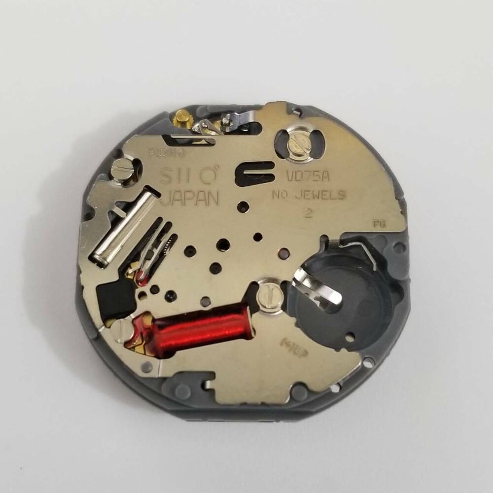 Hattori Epson VD75A quartz watch movement, precision Japan-made TMI component for watch repair.