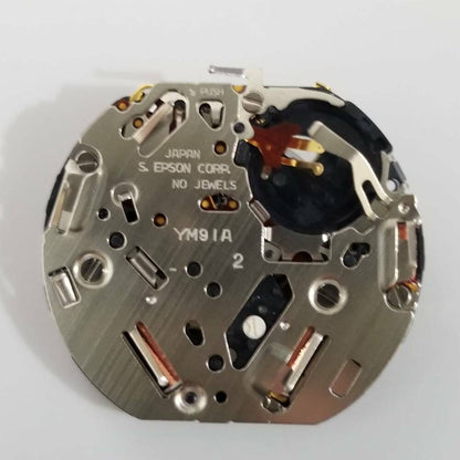 S. Epson YM91 quartz watch movement showing compact design for reliable timekeeping and long-lasting performance.