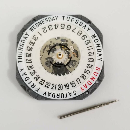 Hattori Epson TMI VJ55 quartz watch movement with date at 6, Japan-made for precise repairs.