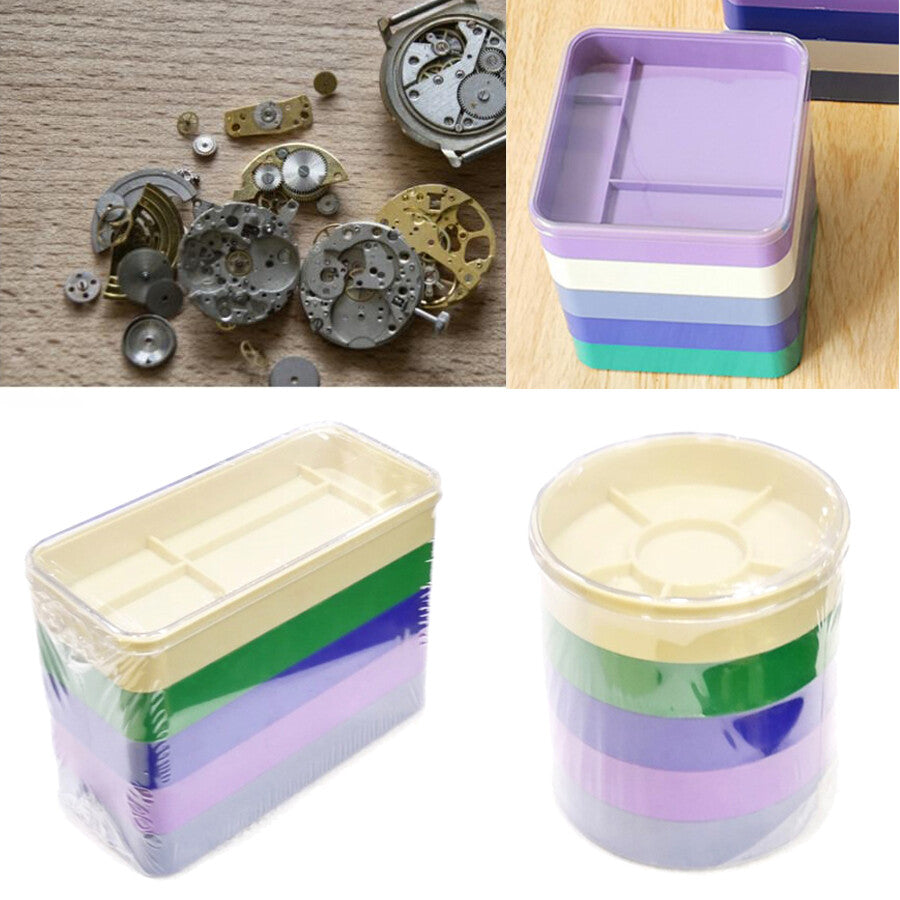 Stackable 5-layer watch parts storage box, perfect for organizing screws and movement hardware.