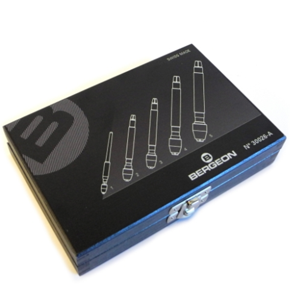 Bergeon 30026-A set of 5 hardened steel pin vices in wooden box for watch repair precision.