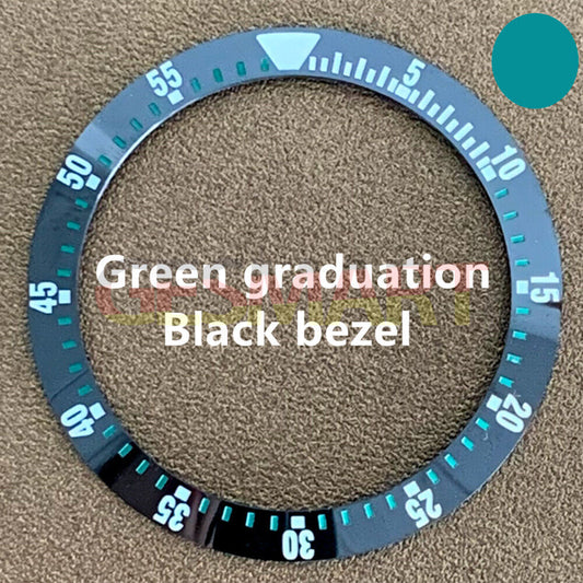 Black ceramic watch bezel insert with green graduation, 38mm/30.5mm, durable for watch repairs.