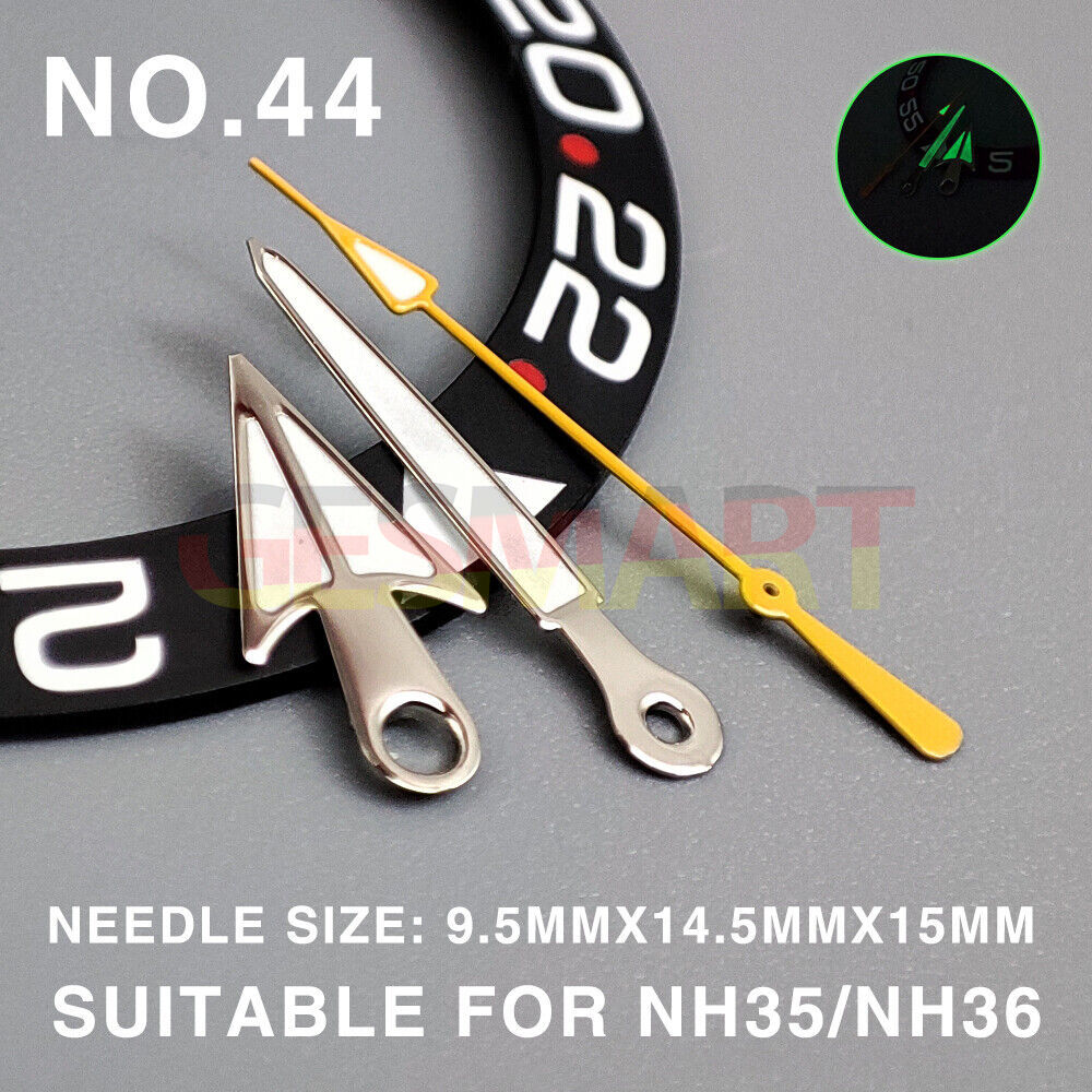 Green luminous 15mm yellow second hand with silver trim for Miyota NH35/NH36 watches.
