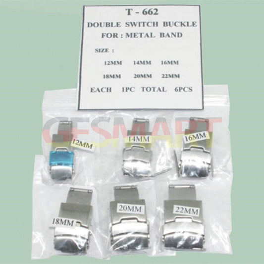 Set of 6 Doule Switch Buckles for Metal Watch Bands, Sizes 12-22MM, Durable Watch Parts