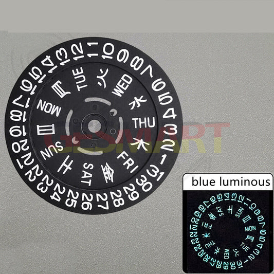 Blue-green lume date and week wheels for NH36 movement, black disk design, enhancing watch dial visibility