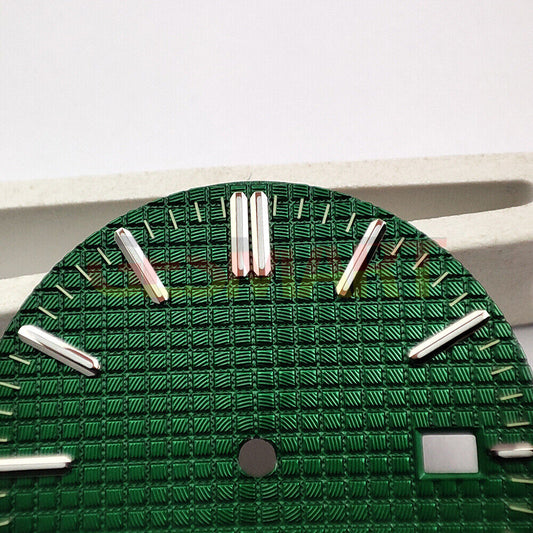 Green lume watch dial with silver trim and green check pattern, designed for NH35 movement.