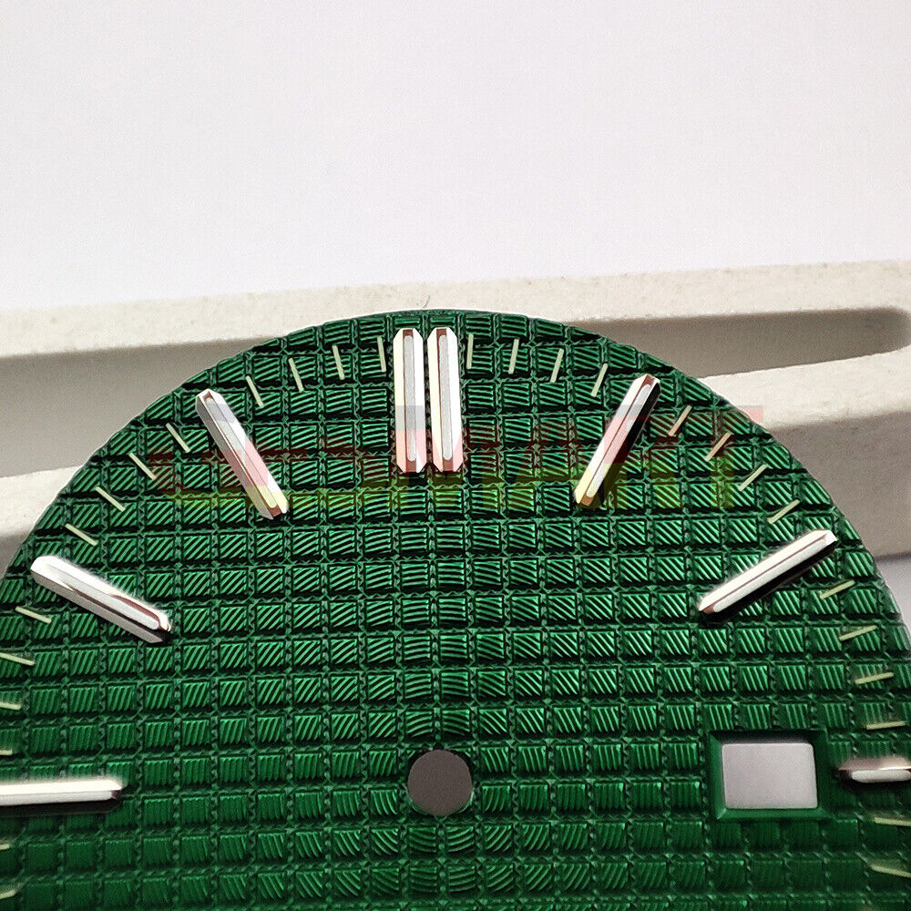 Green lume watch dial with silver trim and green check pattern, designed for NH35 movement.