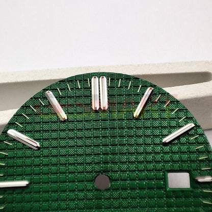 Green lume watch dial with silver trim and green check pattern, designed for NH35 movement.