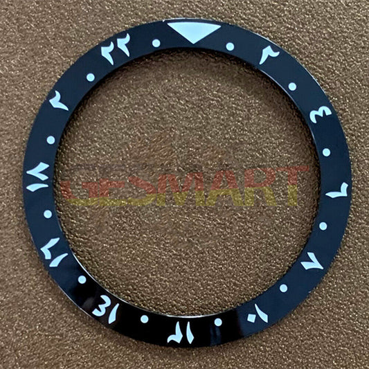 38mm black ceramic bezel insert with Arabic font, durable replacement part for watches.
