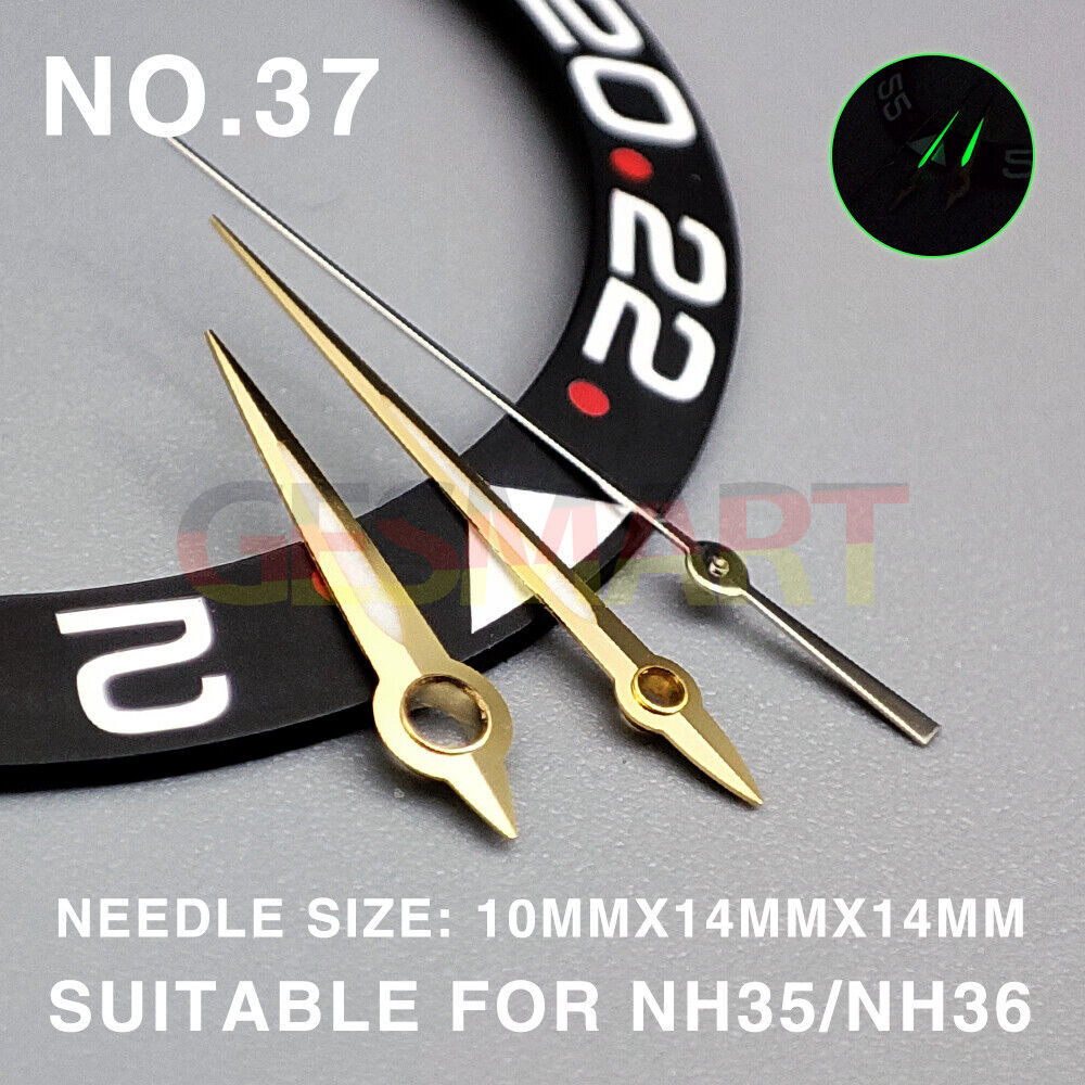 Green lume 14mm watch hands with golden trim for Miyota NH35/NH36/NH38 movements.