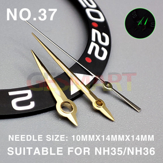 Green lume 14mm watch hands with golden trim for Miyota NH35/NH36/NH38 movements.