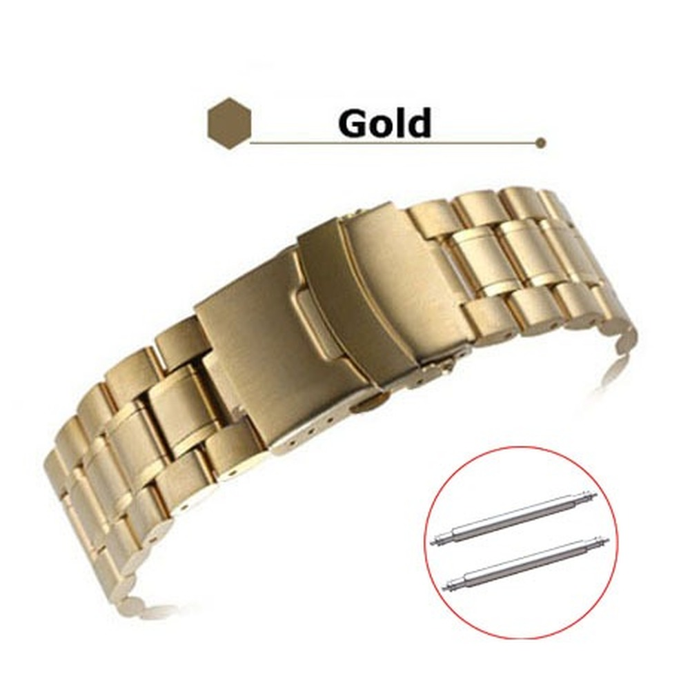 Curved end stainless steel watch band 18-24mm with double lock buckle for secure fit, ideal for daily wear.