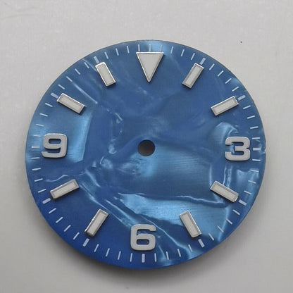 29mm B-2 natural shell watch dial with green luminous, designed for NH35 movement compatibility.