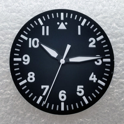 Green luminous 35mm watch dial with hands, designed for 8215 8205 movement compatibility.