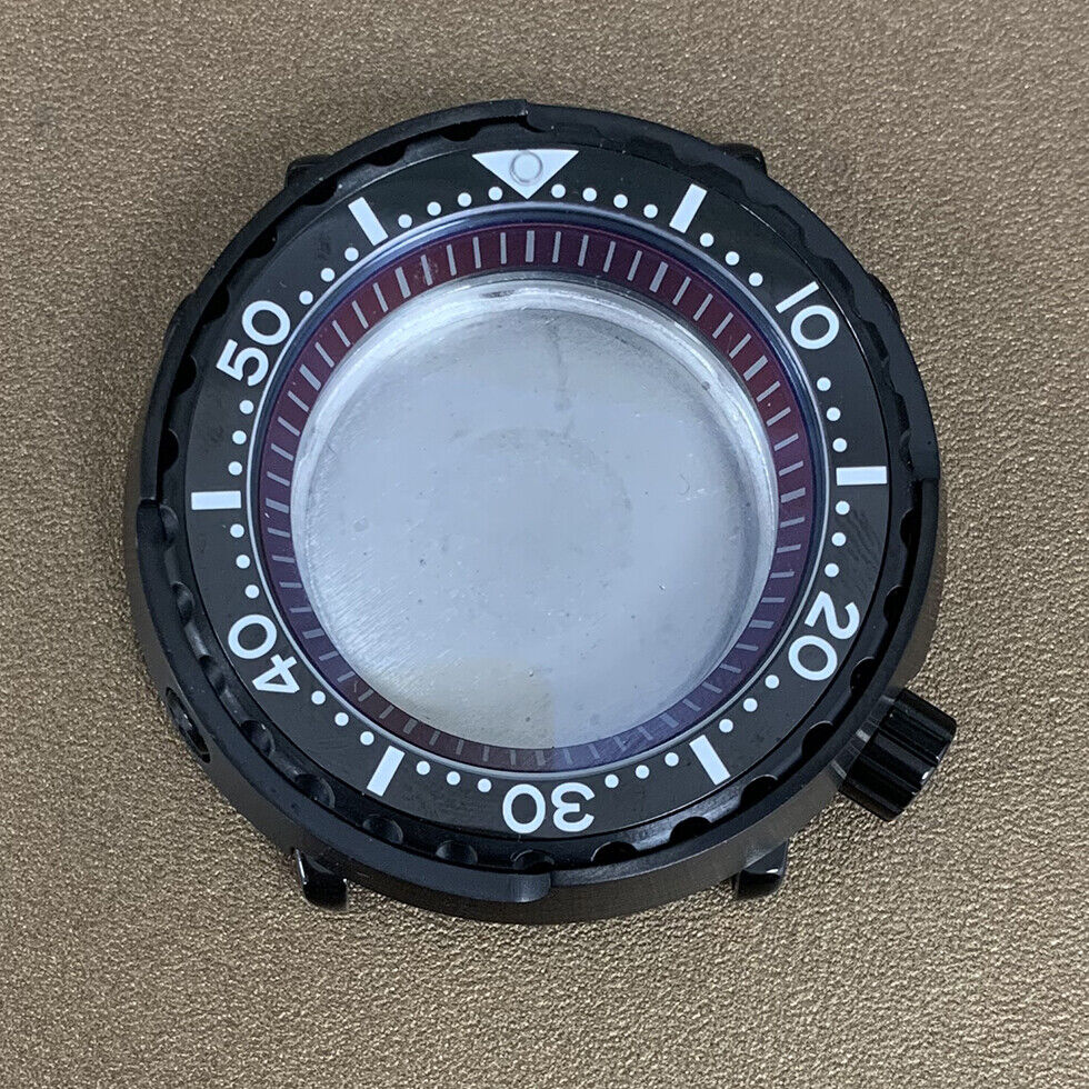 45mm PVD black stainless steel watch case with ceramic ring and mineral glass for NH35 movement, durable design.