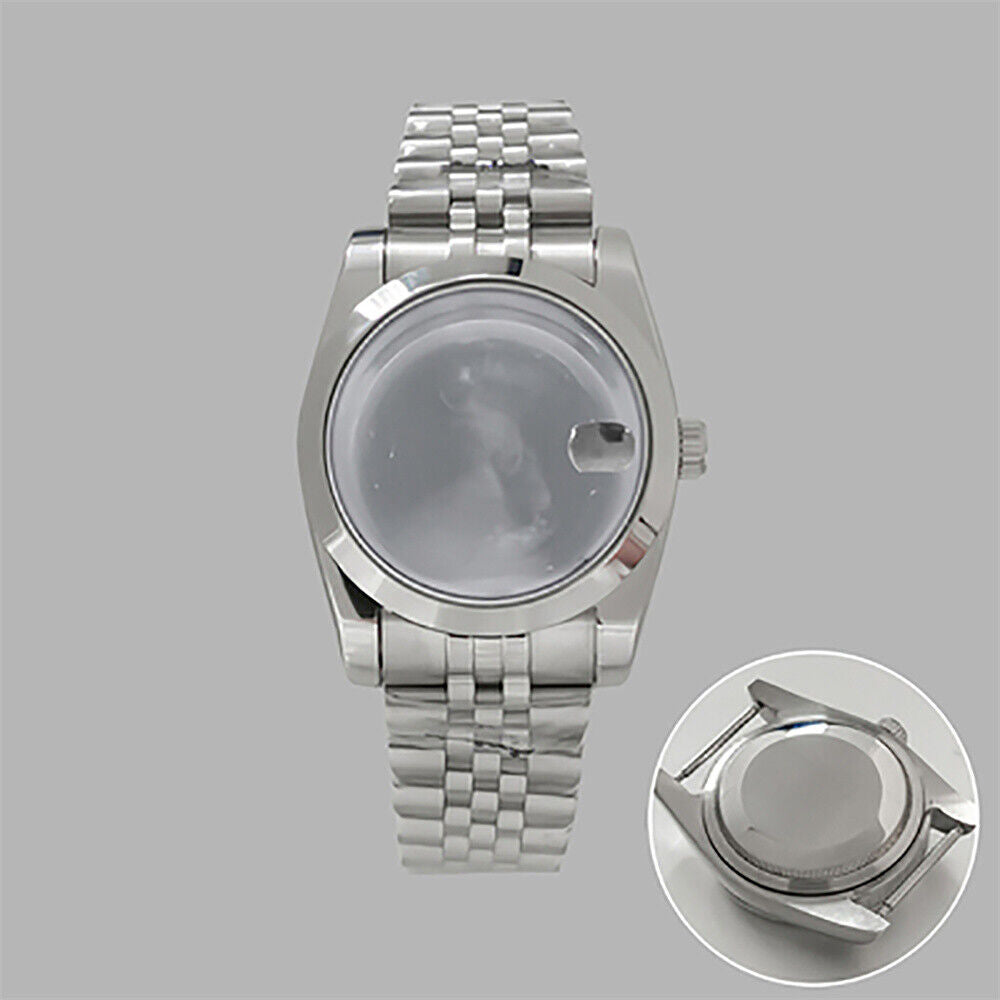 Boîtier de montre 36 mm + bracelet en acier inoxydable avec fenêtre de calendrier transparente pour NH35/36 