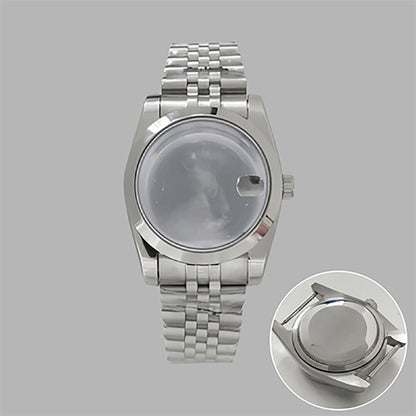 Boîtier de montre 36 mm + bracelet en acier inoxydable avec fenêtre de calendrier transparente pour NH35/36 