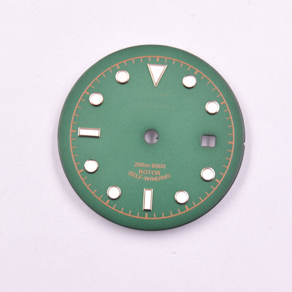 Green luminous 33.50mm watch dial by MYT, designed for ETA2836 and DG2813 movements with glow-in-the-dark feature.