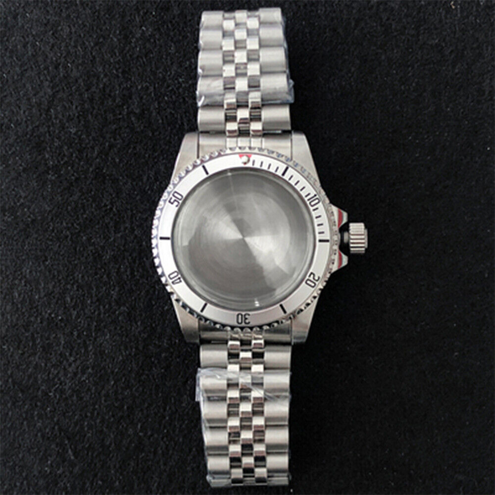 39.5mm stainless steel watch case with strap band, compatible with NH35/NH36 movement, durable design.