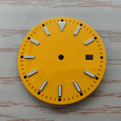 33.50mm multi-color watch dial with blue lume, compatible with NH36 movement, ideal for custom watch builds.
