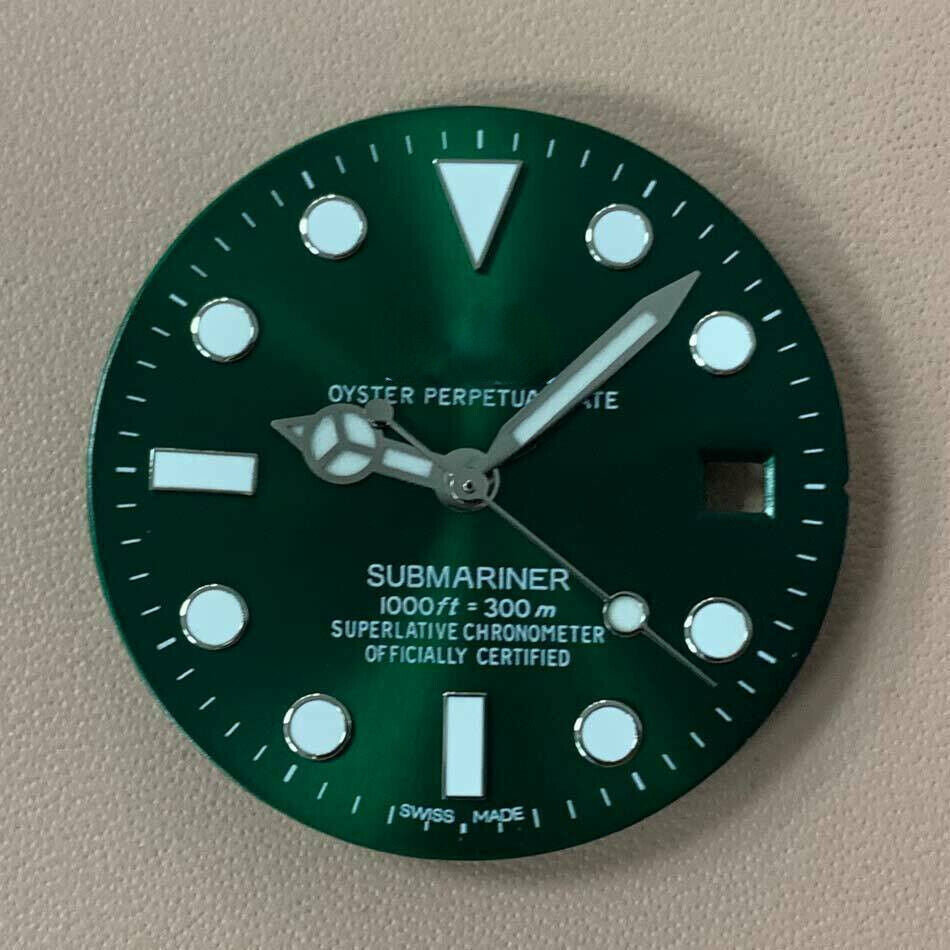 Blue-green luminous RLX watch dial with hands, compatible with 8215/2813/8200 movements for precise timekeeping.