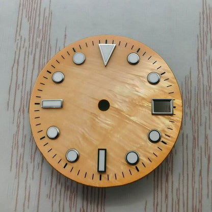 Green lume 28.50mm Shell watch dial, compatible with NH35/NH36 movement, luminous detail.