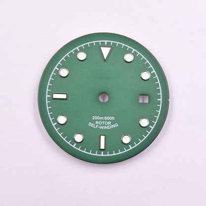 Green luminous 33.50mm watch dial compatible with ETA2836 MYT 8215 movements, glow-in-the-dark by MYT.