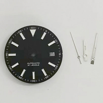Blue luminous 30.6MM watch dial with hands, compatible with 2813 Miyota 8215 movements.