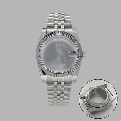 Boîtier de montre 36 mm + bracelet en acier inoxydable avec fenêtre de calendrier transparente pour NH35/36 