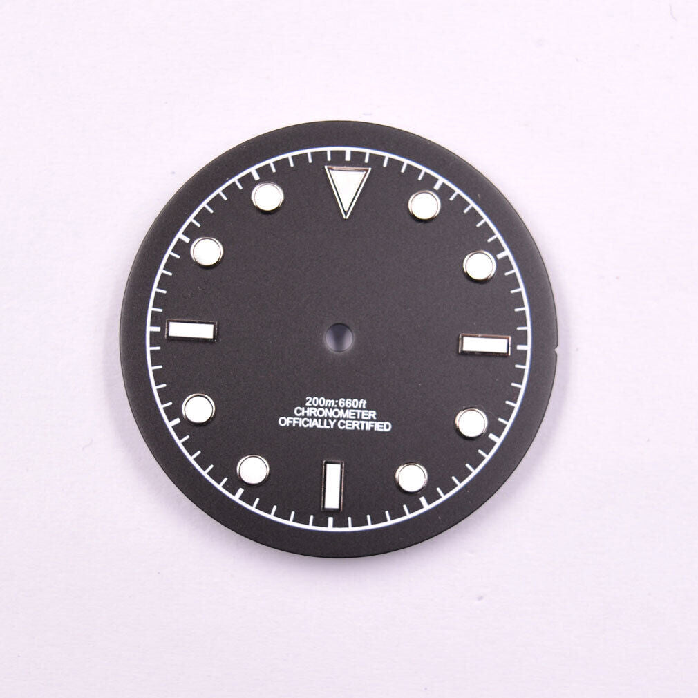 Green luminous 33.50mm watch dial by MYT, designed for ETA2836, 8215, 8205, DG2813 movements with glow-in-the-dark feature.