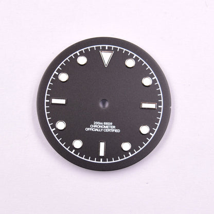Green luminous 33.50mm watch dial by MYT, designed for ETA2836, 8215, 8205, DG2813 movements with glow-in-the-dark feature.