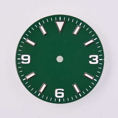 29mm MYT watch dial with green luminescent markers, compatible with NH35/36 and ETA movements.