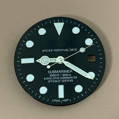 Blue-green luminous RLX watch dial with hands, compatible with 8215/2813/8200 movements for precise timekeeping.