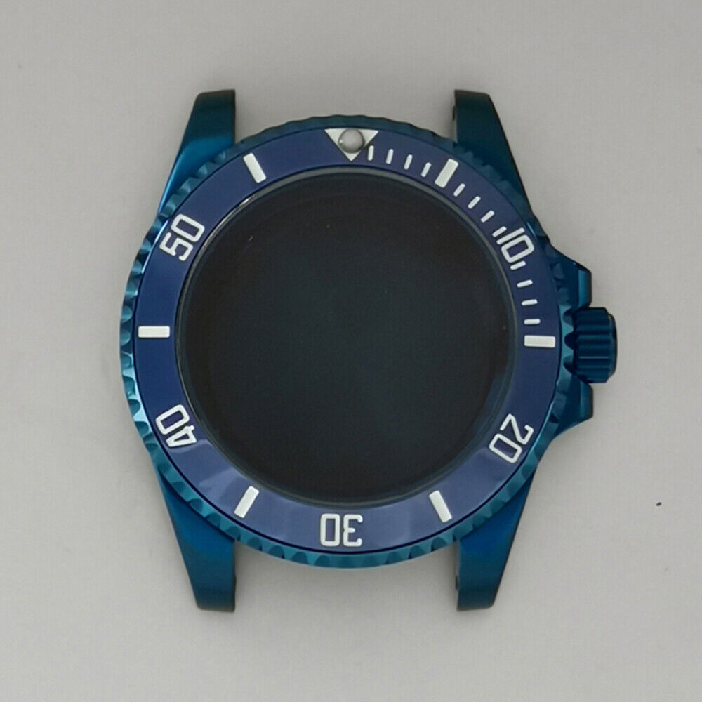 40MM Blue flat magnifying glass watch case for NH35/NH36 movement, enhancing dial clarity.
