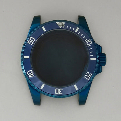 40MM Blue flat magnifying glass watch case for NH35/NH36 movement, enhancing dial clarity.
