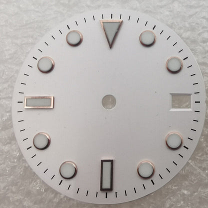 28.50mm white watch dial with green luminous markers for NH35 NH36 movement, precision timepiece accessory.