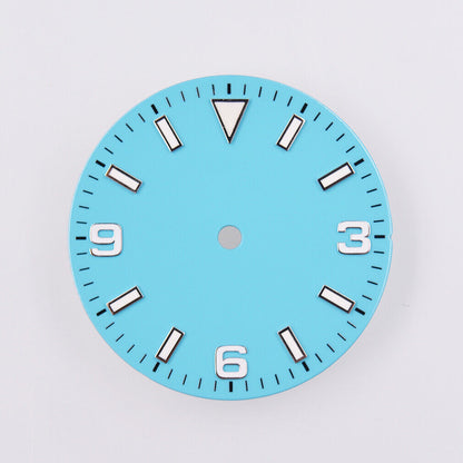 29mm MYT green lume watch dial with luminescent markers, fits NH35/36 and ETA movements for enhanced visibility.