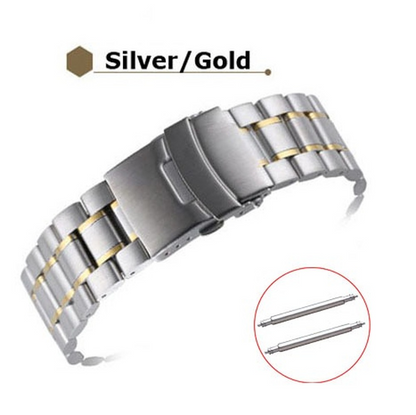 Curved end stainless steel watch band 18-24mm with double lock buckle for secure fit.