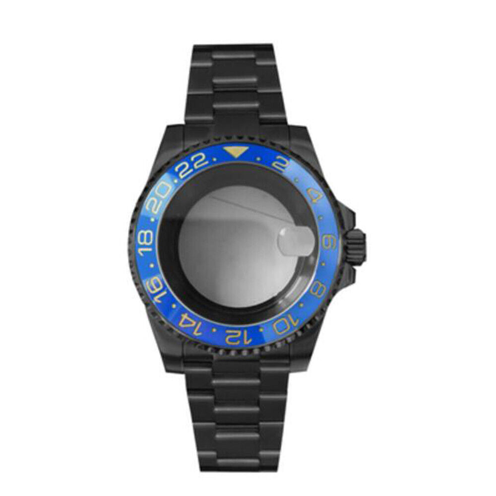 Black PVD SUB watch case with strap, 40mm sapphire glass, 5ATM waterproof, compatible with NH35/NH36 movements.