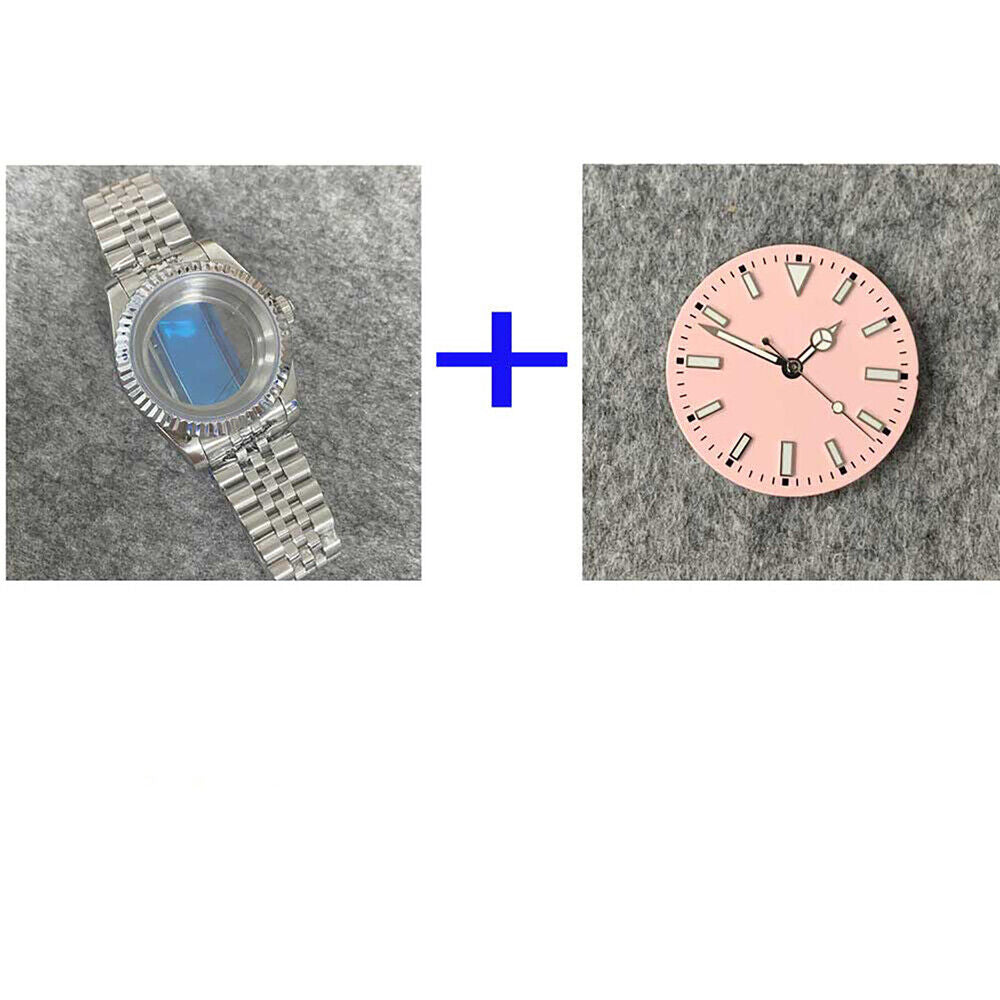 39mm stainless steel watch case with transparent back, band, and dial for NH35/NH36 movement.